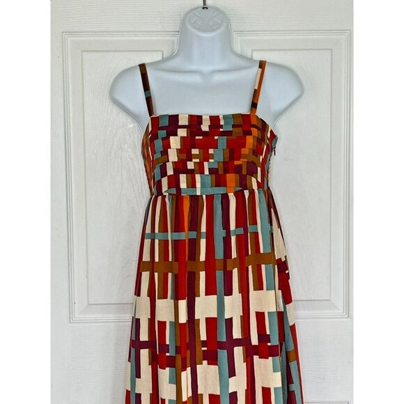 Fossil Babydoll Maxi Dress XS 100 % Cotton Lined Geometric Artsy Beachy Summer - Picture 2 of 11